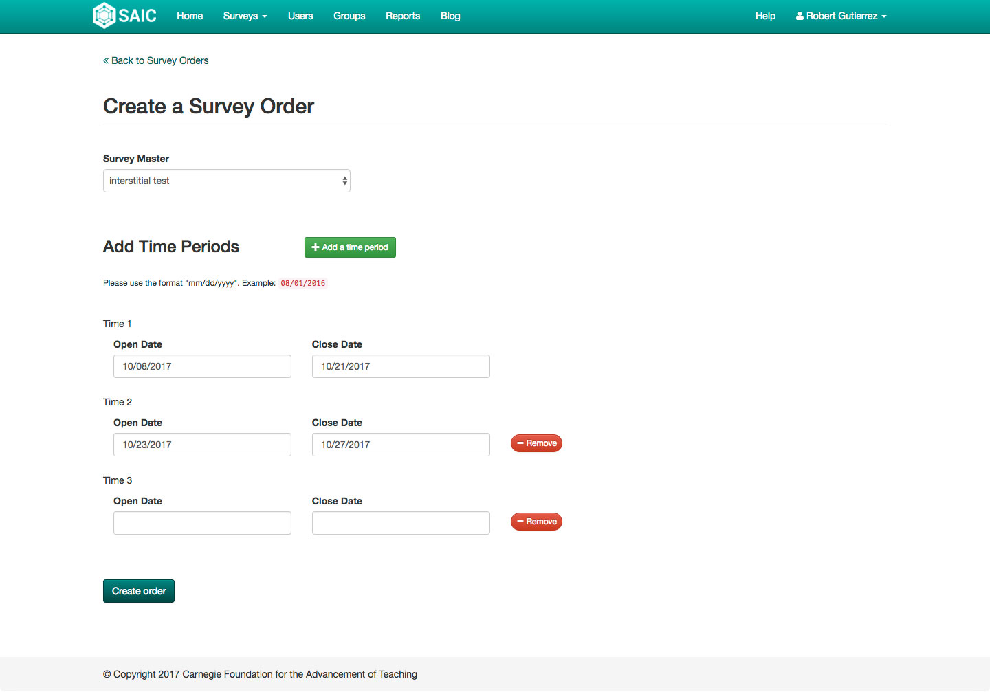 Survey Order time period page